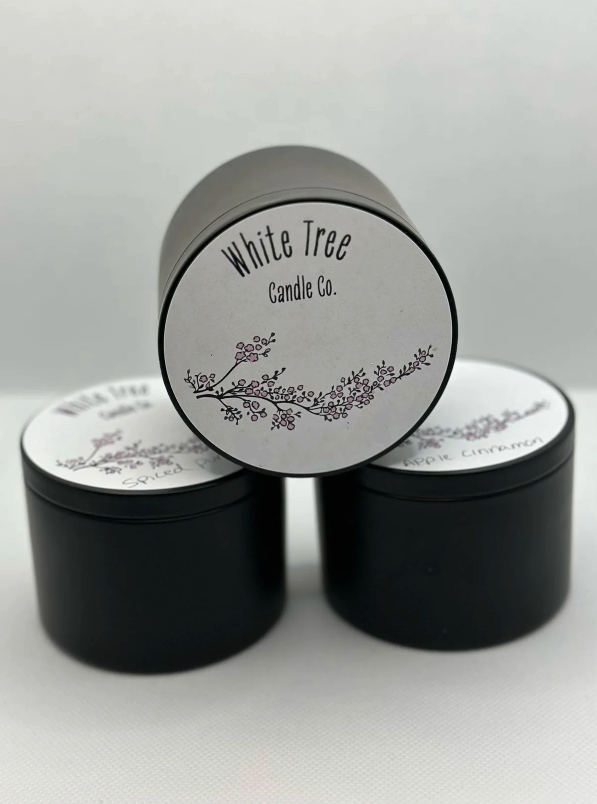 3 hand poured candles in black tins, spruce willis Christmas scent